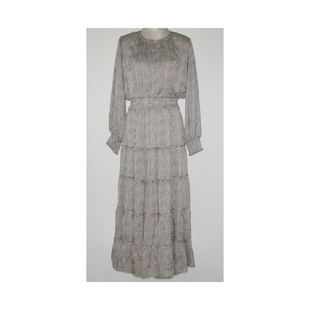 NWT Elie Tahari Stretch Silk SNAKE Mesh Print Tiered MAXI Dress Women L MSRP$495